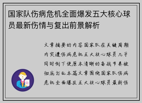 国家队伤病危机全面爆发五大核心球员最新伤情与复出前景解析 国家队伤病危机全面爆发五大核心球员最新伤情与复出前景解析